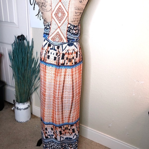 Jealous Tomato Crocheted Halter Back Orange, White & Blue Maxi Dress Size Small - Picture 6 of 8